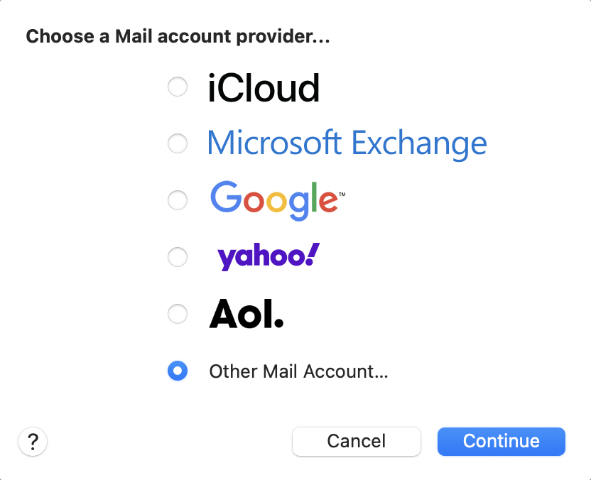 Mail Account Provider - iCloud, Microsoft Exchange, Google, Yahoo, Aol, and Other logo options